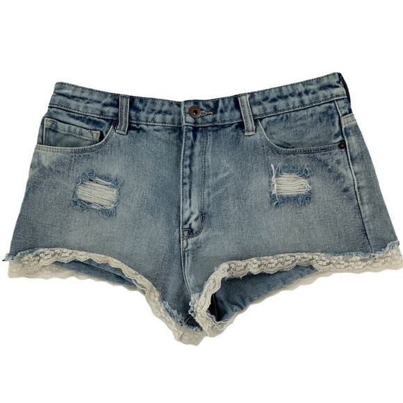 Forever 21 Lace Trim Distressed Denim High Rise Booty Summer Shorts Size 29/8 - Picture 3 of 6